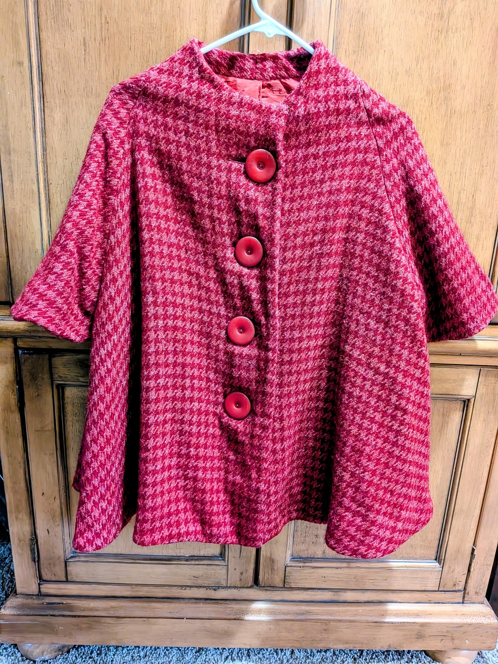 Red Houndstooth Cape Coat with Large Buttons